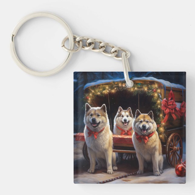 Akita Snowy Sleigh Ride Weihnachtsdekor Schlüsselanhänger (Vorderseite)