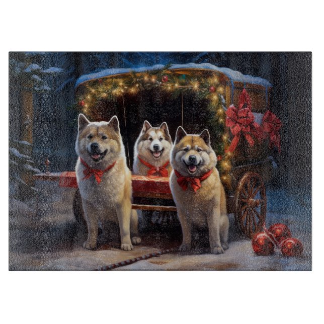 Akita Snowy Sleigh Ride Weihnachtsdekor Schneidebrett (Vorderseite)