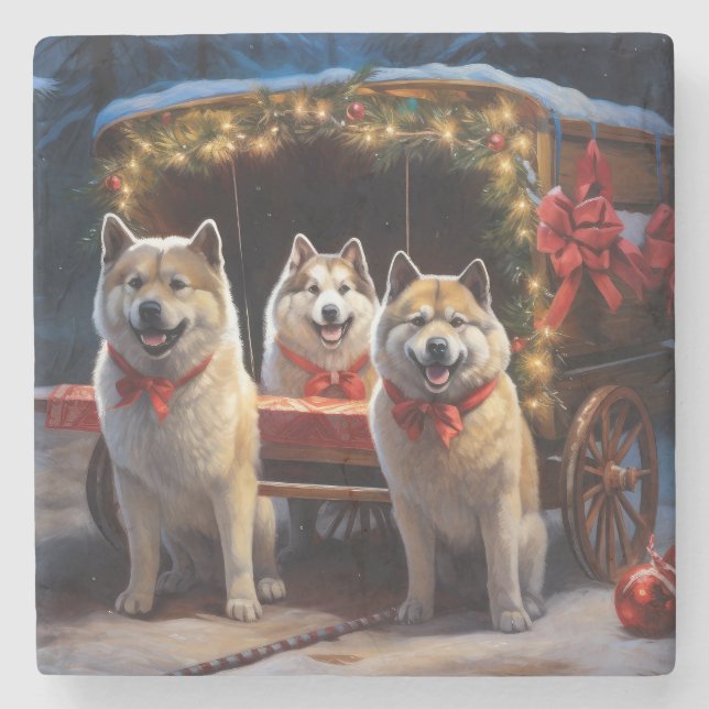 Akita Snowy Sleigh Ride Weihnachtsdekor Steinuntersetzer (Vorderseite)