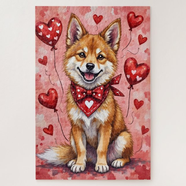 Akita Valentine Dog Art with Hearts and Balloons (Vertikal)