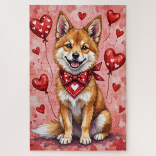 Akita-Valentins-Tierkunst mit Herzen und Ballons