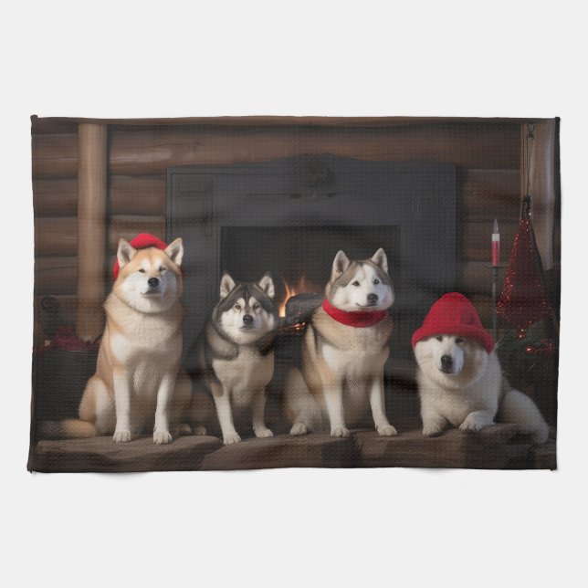 Akita von der Feuerstelle Weihnachten Geschirrtuch (Horizontal)