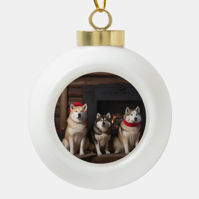 Akita von der Feuerstelle Weihnachten Keramik Kugel-Ornament (Vorderseite)