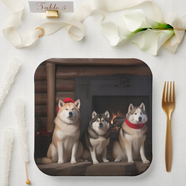 Akita von der Feuerstelle Weihnachten Pappteller (Hochzeit)