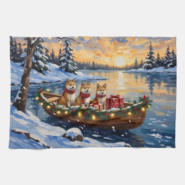 Akita Weihnachtsboot Urlaub Geschirrtuch (Horizontal)