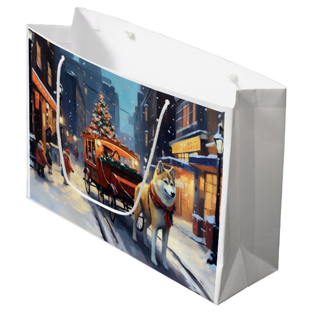 Akita Weihnachtsfeiertage Große Geschenktüte (Vorderseite Schrägansicht)