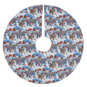 Akita Weihnachtsfestliche Schneeszene Polyester Weihnachtsbaumdecke