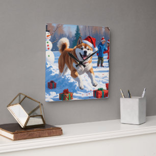 Akita Weihnachtsfestliche Schneeszene  Quadratische Wanduhr