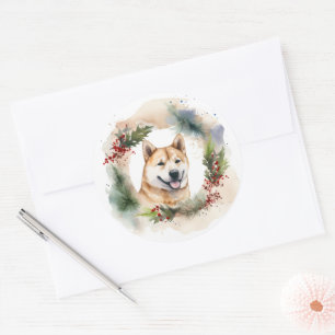 Akita Weihnachtskranz Festiver Hund Runder Aufkleber