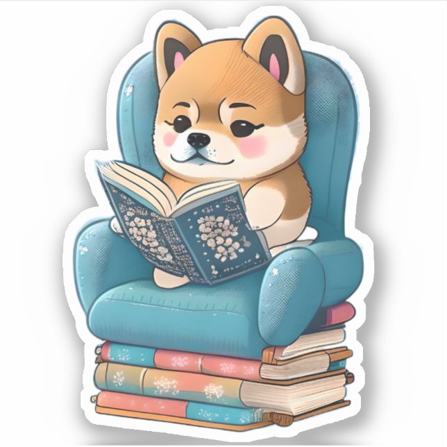 Akita Welpe las ein Buch Aufkleber (Vorderseite)