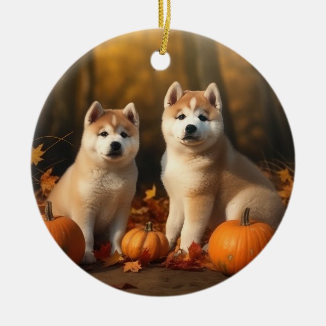 Akita Welppy Autumn Delight Pumpkin Keramik Ornament (Vorne)