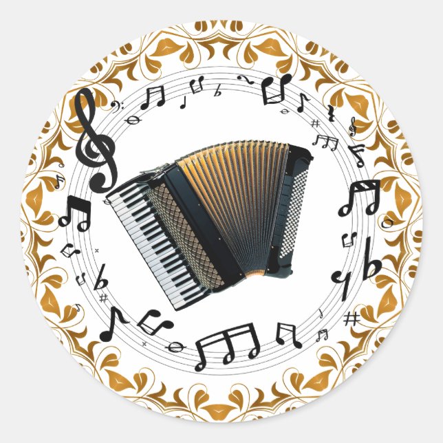 Akkordeon-Design in elegantem Schwarz und Gold Runder Aufkleber (Vorderseite)