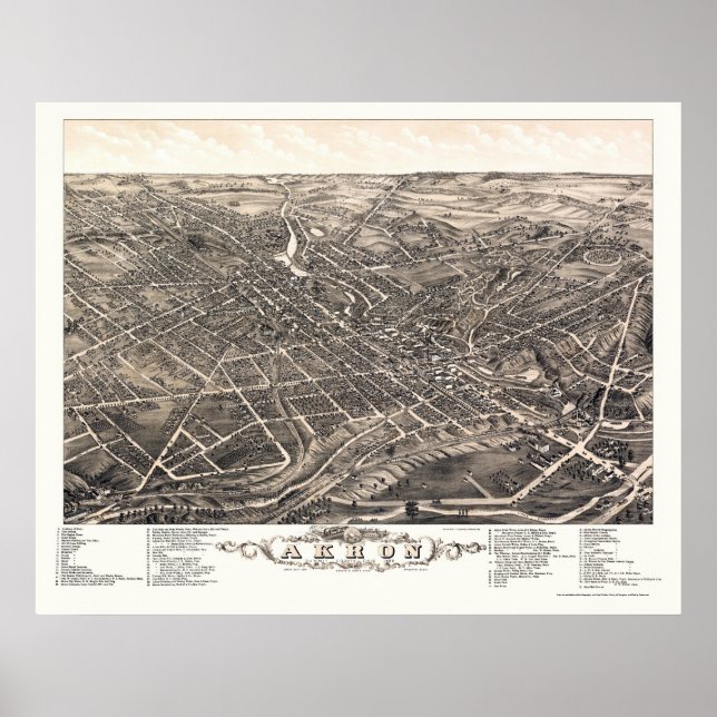 Akron, OH Panorama Karte - 1882 Poster (Vorne)