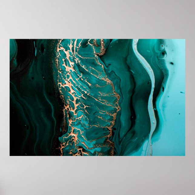 Akrylic Fluid Art. Dunkelgrüne Wellen im abstrakte Poster (Vorne)