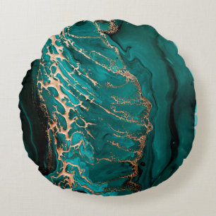 Akrylic Fluid Art. Dunkelgrüne Wellen im abstrakte Rundes Kissen