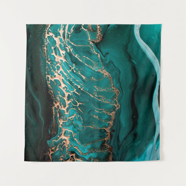 Akrylic Fluid Art. Dunkelgrüne Wellen im abstrakte Wandteppich (Vorderseite)