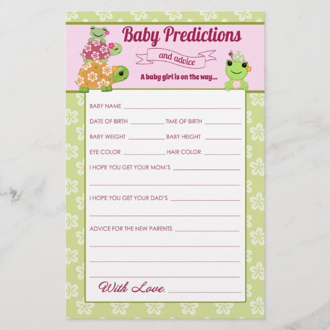 Aktionsbogen "Girl Frog Baby Shower Predictions" Flyer (Vorne)