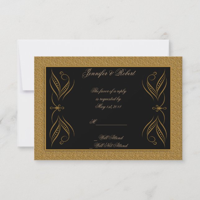 Aktive Antwortkarte für Schwarz und Gold-Scroll RSVP Karte (Vorderseite)