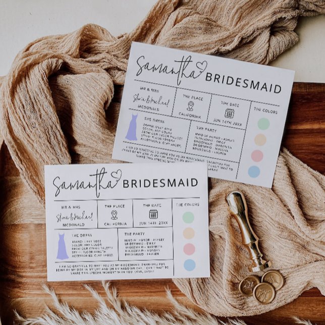 Aktualisierbare Bridesmaid-Info-Karte, Brautparty  Einladung (Editable Bridesmaid Info Card, Bridal Party Guide Invitation)