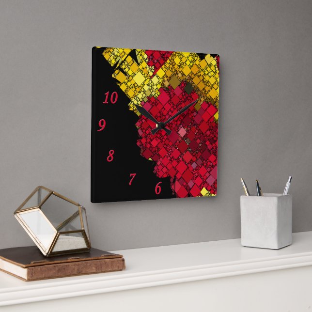 Aktuelle Abstrakte geometrische Fünf-Rote Zahlen Quadratische Wanduhr (Büro)