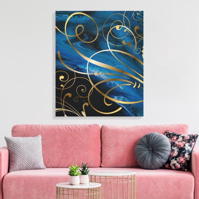Aktuelle Mixed Media Gold Wirbel Schnörkel Ca Leinwanddruck (Insitu (Wohnzimmer))