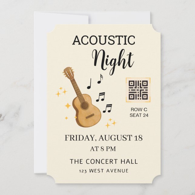 Akustik-Musik-Event-Ticket mit QR-Code Einladung (Vorderseite)
