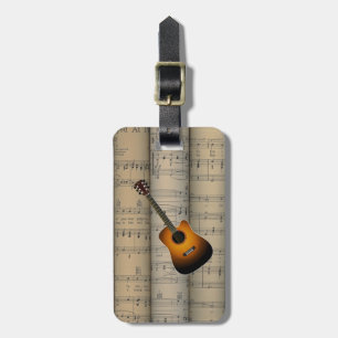 Akustikgitarre-~ gerollter Notenen-Hintergrund Gepäckanhänger