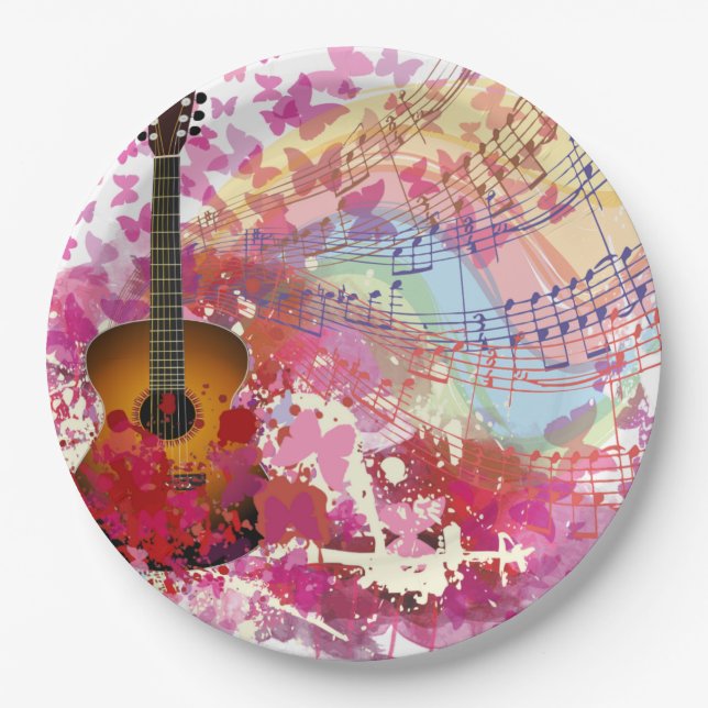 Akustikgitarre und Schmetterlinge Pappteller (Vorderseite)