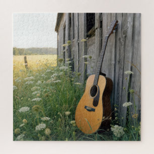 Akustische Gitarre an einer ländlichen Scheune leh
