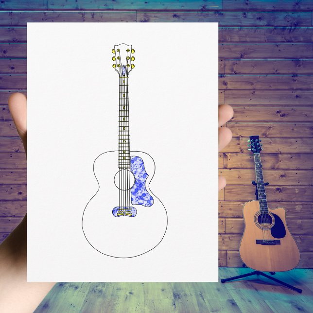 Akustische Gitarre Einfache zeichnend Coole Musik Postkarte (Simple acoustic guitar black and white line art drawing with blue textured pick guard postcard )
