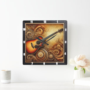 Akustische Gitarre künstlerische Wirbel und Golden Quadratische Wanduhr