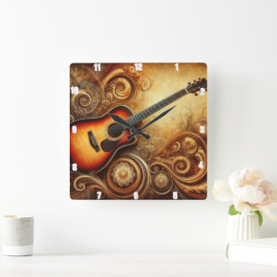 Akustische Gitarre künstlerische Wirbel und Golden Quadratische Wanduhr