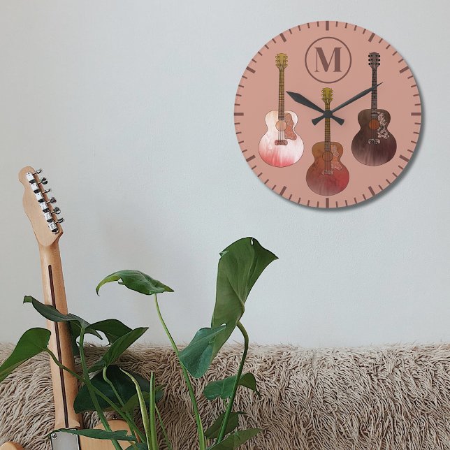 akustische Gitarre personalisiert Rustic Brown Große Wanduhr (Acoustic guitar custom monogram initial rustic brown wall clock for guitarist musicians)