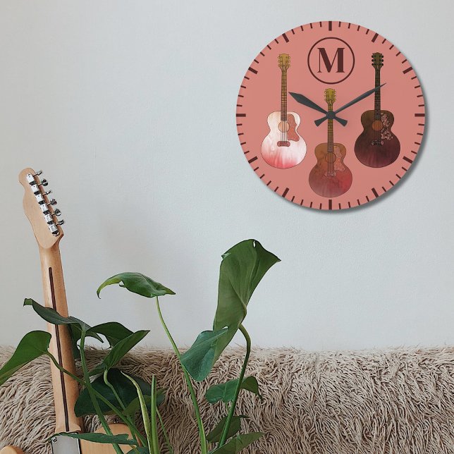 akustische Gitarre personalisiert rustikal Große Wanduhr (Rustic acoustic guitar monogram initial brown wall clock country music style illustration )