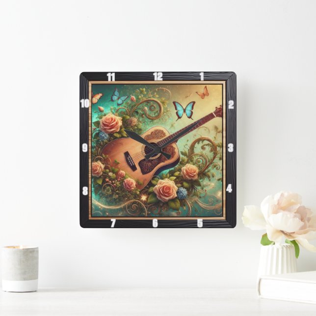 Akustische Gitarre Umrahmte Blume und Schmetterlin Quadratische Wanduhr (Zuhause)