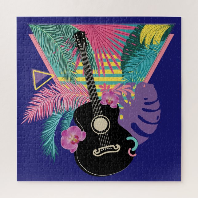 Akustische Gitarre und tropische Blätter und Blume (Vertikal)