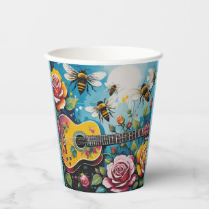 Akustische Gitarren-Rose und Bienen-Frühlingspark Pappbecher