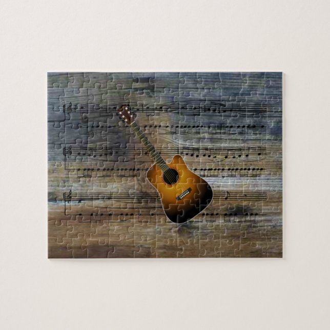 Akustische Guitar~Sheet Musik auf Barnwood (Horizontal)