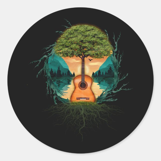 Akustischer Gitarrenbaum am See Gitarrenwelt Runder Aufkleber (Vorderseite)