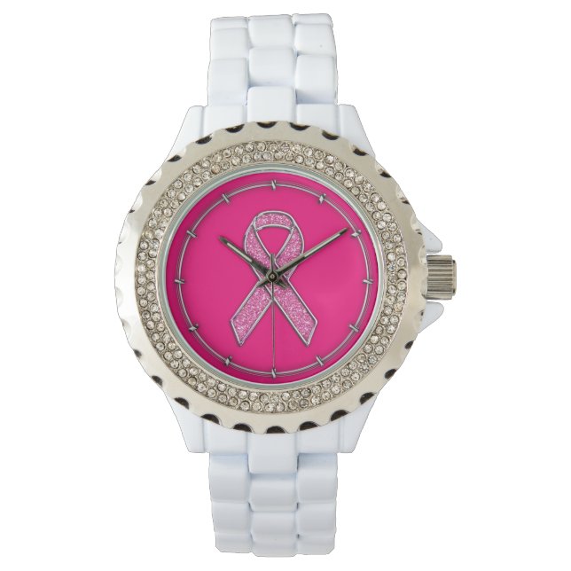Akzente Chrome Glitzer Stil Rosa Band Bewusstsein Armbanduhr (Vorderseite)