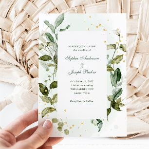 Akzente im botanischen Grün und Gold   Hochzeit Einladung