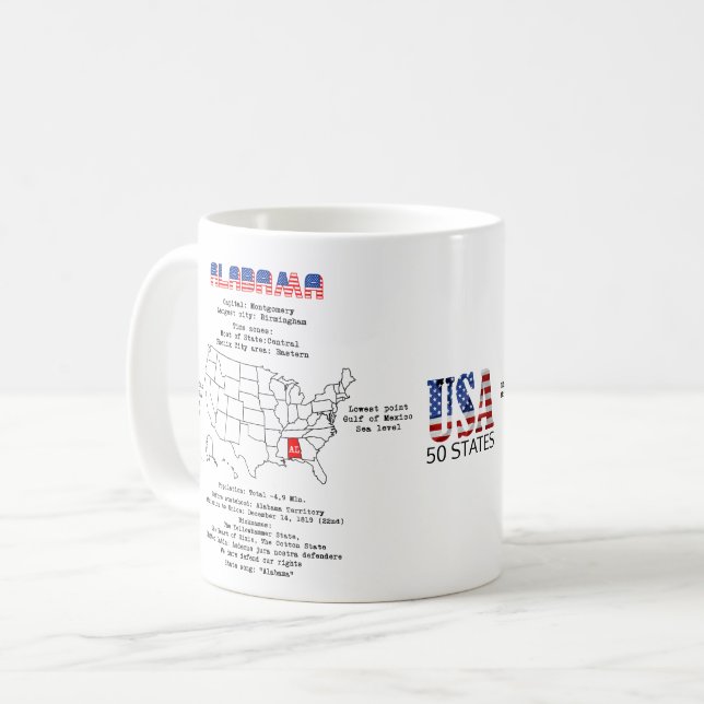 Alabama American Staat auf der Karte und nützliche Kaffeetasse (Vorderseite Links)
