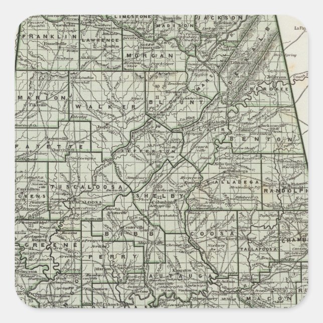 Alabama Atlas Karte Quadratischer Aufkleber (Vorderseite)