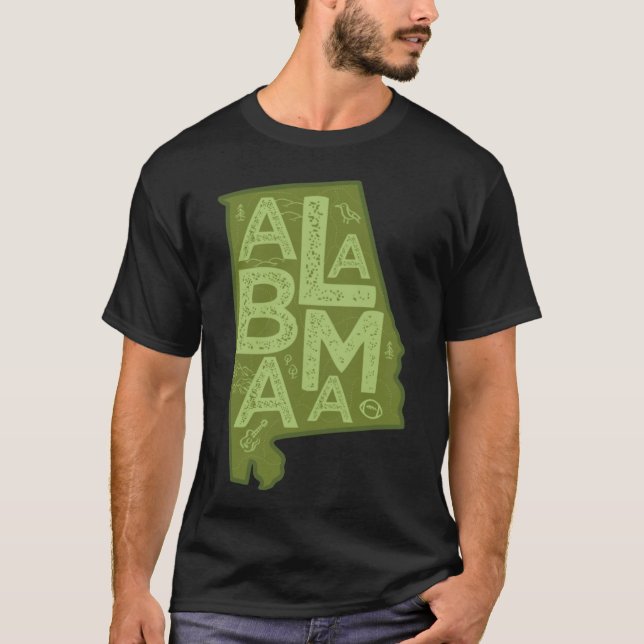 Alabama Map Typografie Green T-Shirt (Vorderseite)