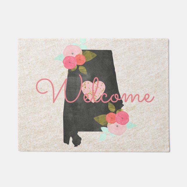 Alabama Monogram Staat Aquarell Floral & Herz Fußmatte (Vorderseite)