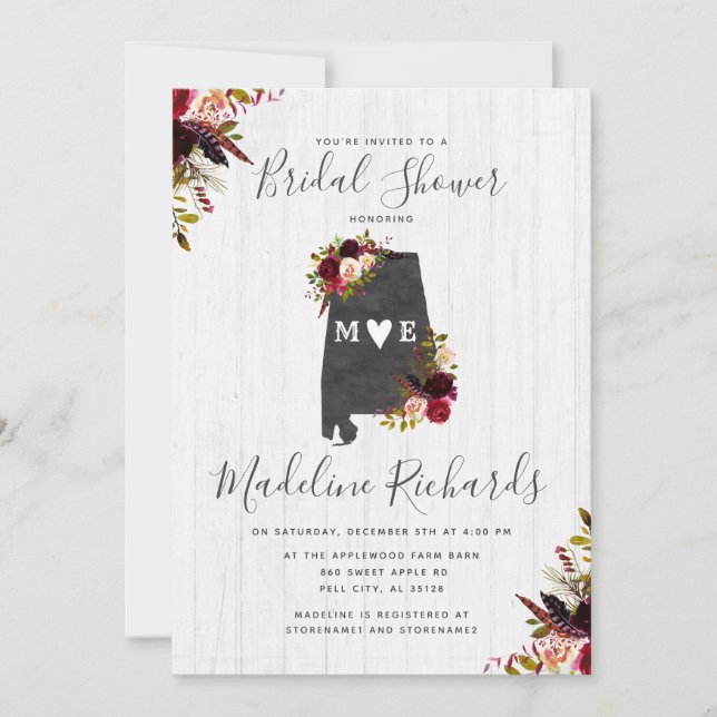 Alabama Staat Destination Bridal Dusche Einladung (Vorderseite)