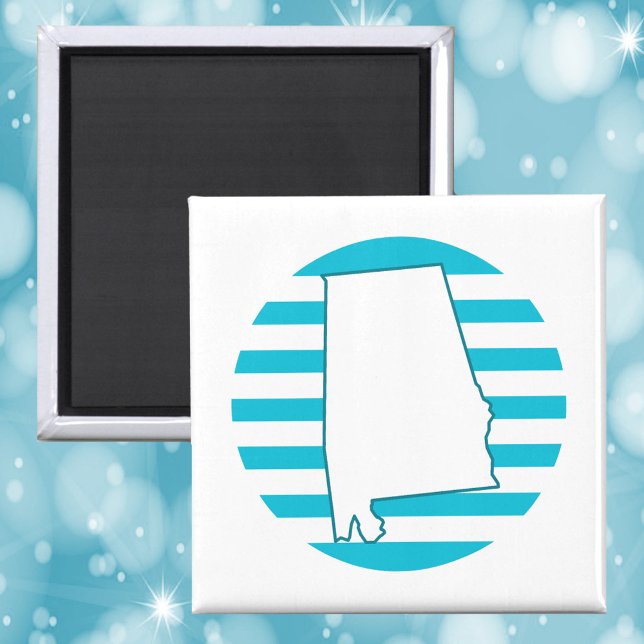 Alabama Staat Kontur Retro Circle Blue Magnet (A magnet with the US state outline of Alabama in front of a blue retro circle.)