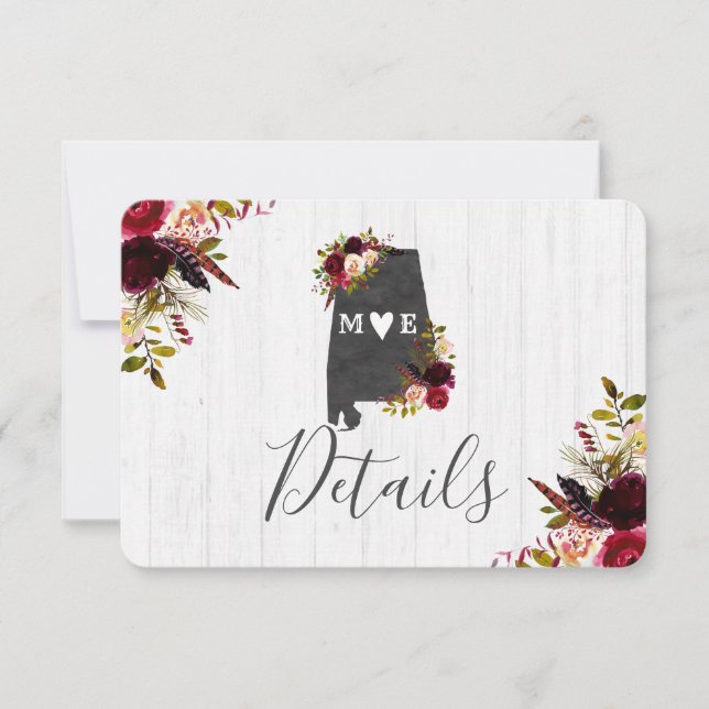 Alabama Staat Zielort Rustikale Hochzeitdetails Einladung (Vorderseite)
