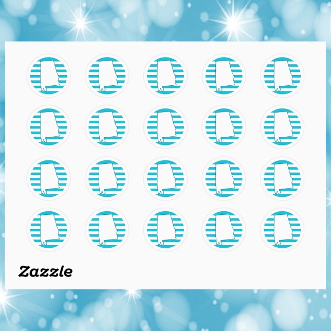 Alabama US Staat Kontur Circle Blue Runder Aufkleber (A sticker with the state outline of Alabama in front of a blue circle.)