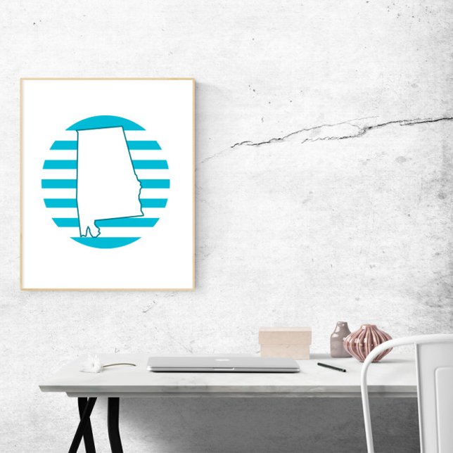 Alabama US Staat Kontur Retro Circle Blue Poster (A poster featuring the state outline of Alabama and a blue retro circle)